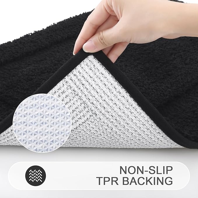 SHACOS Black Bathroom Rugs Sets 3 Piece, 20"x32" + 20"x47" Non Slip Bath Mat and 20"x24" Toilet Rugs U Shaped Washable, Soft Fluffy Water Absorbent Bathroom Floor Mat