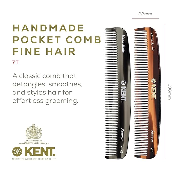 Kent 7T-7T G All Fine Tooth Pocket Comb for Men, Hair Comb Straightener for Everyday Grooming Styling Hair, Mustache and Beard, Use Dry or with Balms, Saw Cut and Hand Polished, Made in England