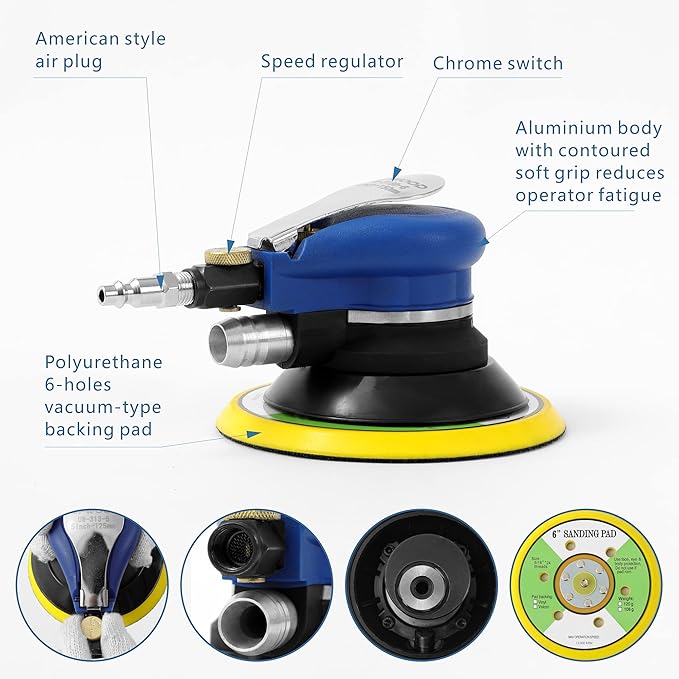 Air Random Orbital Sander Self-Vacuum with Hose and Dust bag by UPWOOD, Pneumatic Palm Sander Orbital Sander With 10 pcs Sandpapers for Auto Body Work, Woodworking (6 Inch-Vacuum Type)