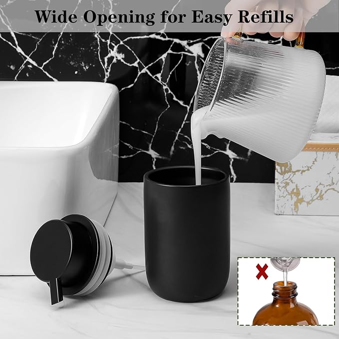 Foaming Soap Dispenser Thick Ceramic Foam Hand Soap Dispenser for Bathroom or Kitchen Sink, Liquid Pump Bottles for Hand soap, Body Wash, 2 Pack Black