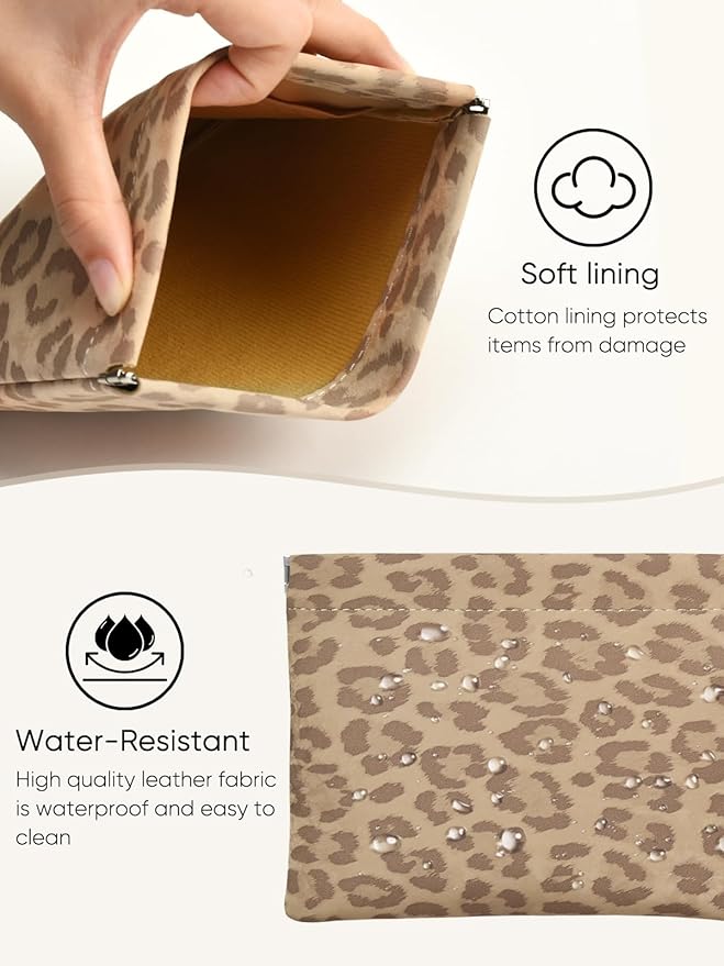 Leopard Leather Small Makeup Pouch for Women,Cosmetic Accessories,Waterproof and Portable Cosmetic Bag,Self-closing, No Zipper, Aesthetic Storage Pouch,Lipstick for Purse,Camel Color