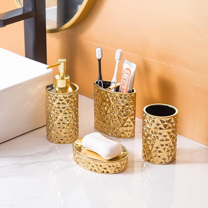 Gold Bathroom Accessory Sets 4 Piece Ceramic Gift Set Apartment Necessities,Includes Soap Dispenser, Toothbrush Holder, Toothbrush Cup, Soap Dish for Decorative Countertop Housewarming Gift