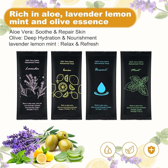 Moist Cotton Towel Bulk Moist Towelettes Individually Wrapped 8.7" x 8.7",White Towel Services,Refreshment Pre Moistened Towels Lavender,Lemon,Mint and Unscented for Sport Party Spa (pack of 40)