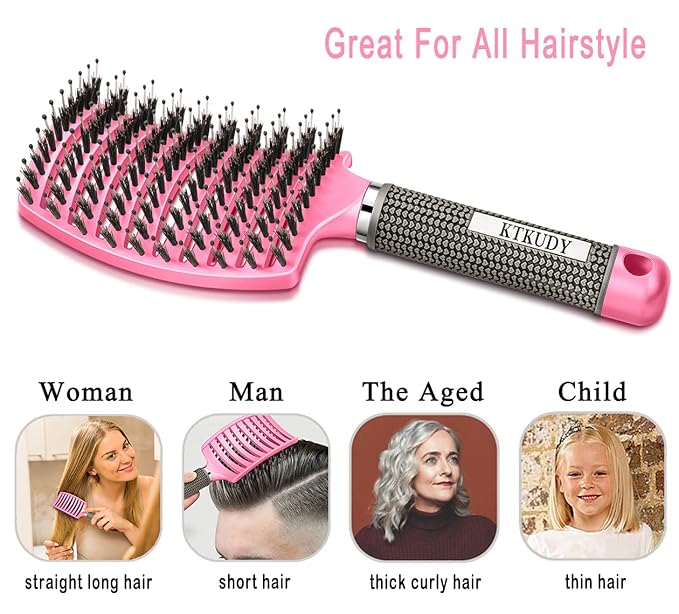 KTKUDY Detangling Hair Brush - Boar Bristle & Tangle-Free Design for Kids, Women, and Men - Perfect for Wet and Dry Hair - Smooth, Magical Pain-Free Styling (Pink)
