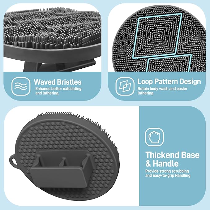 Upgrade Silicone Shower Foot Scrubber Mat & Silicone Body Scrubber Set, Large Wall-Mounted Back Scrubber Back Washer to Clean, Exfoliate and Massage Without Bending(Gray+Body Scrubber)