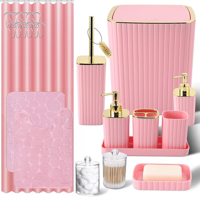 Bathroom Set with Shower Curtain and Rugs- 25PC Bathroom Accessory Set, Pink Bathroom Set, Toilet Brush, Trash Can, Qtip Holder & Soap Dispenser