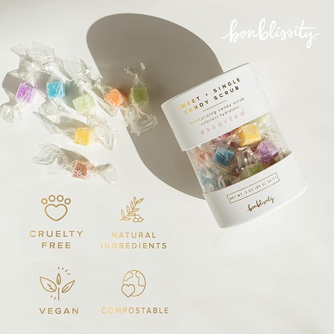 Bonblissity Sugar Cubes Candy Scrub, 30 pcs - Sugar Body Scrub Gift Set with Assorted Scents, Gentle Hand, Feet, and Body Exfoliator Turns into Lotions, Spa Small Gifts for Women and Men, Travel Size