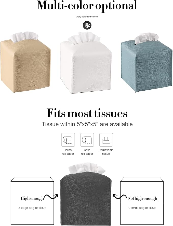 Tissue Box Cover, Jeethemy Square PU Leather Tissue Box Holder, Modern Tissue Case Facial Paper Organizer Dispenser，5X5X5'',Single Charcoal