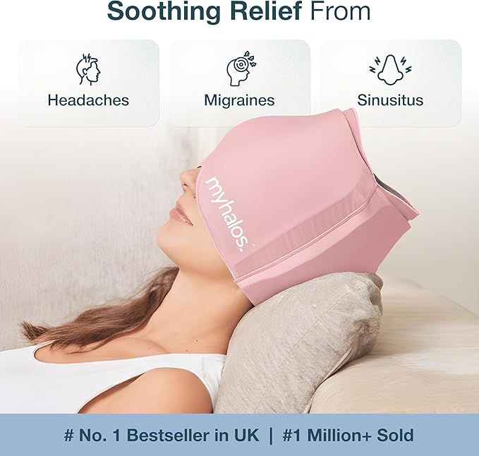 MyHalos® Migraine Relief Cap – 30% Thicker Ice Hat 2X Cooling Gel, Headache & Sinus Ice Pack Wrap, Cold Therapy for Migraine, Tension, Hangover, Facial Pain, Strap-Free, Odor-Free Storage Included
