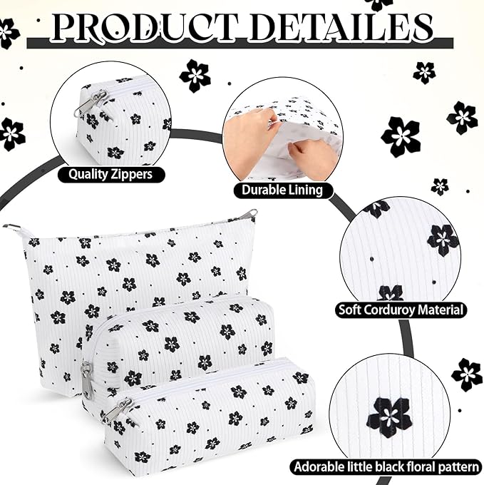 3 Pcs Makeup Bag Set for Women Corduroy Cosmetic Pouch Aesthetic Smile Travel Toiletry Bag Cute Purse Pouch Pencil Case Makeup Brushes Storage Organizer with Zipper(White,Floret)