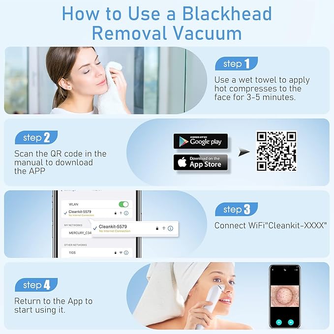 Blackhead Remover Vacuum, USB Interface Type Pore Vacuum, Black Head Extractions Tool with Camera for Men and Women Pore Cleaner, 3 Adjustment Modes & 6 Suction Heads(Blue)
