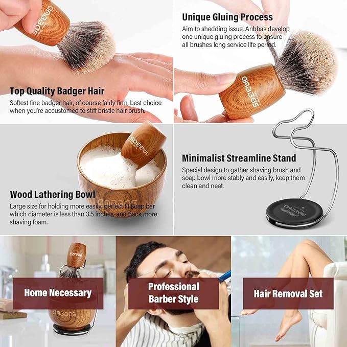 Anbbas Pure Badger Hair Shaving Brush Wood Handle and Large Soap Bowl with Stainless Steel Shaving Stand 3in1 Kit for Men