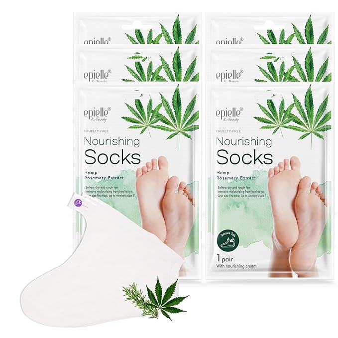 Epielle Nourishing Foot Mask 6 Pairs, Repair and Soften with Hemp & Rosemary Extract, Deep Moisturizing Socks for Dry, Cracked Feet, Self Care Gifts for Women, Spa Kit, Easter Basket Stuffers