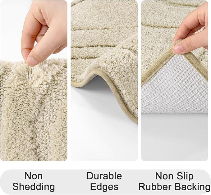 HEBE Bathroom Rugs Sets 5 Piece, Soft Absorbent Microfiber Bath Mat for Bathroom, Non Slip Washable Bath Rug Set with Toilet Cover, Bath Runner and U-Shaped Contour Toilet Rug, Light Beige