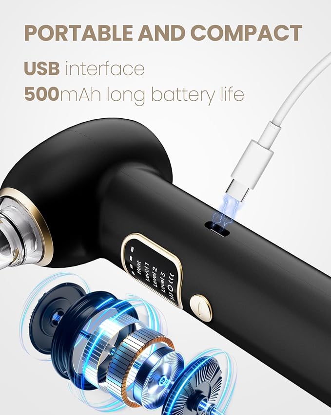 Electric Blackhead Remover Vacuum with Heating, 3 Suction Levels 5 Probes Pore Extractor Kit, Rechargeable Deep Pore Cleansing Tool for Women & Men (Black)
