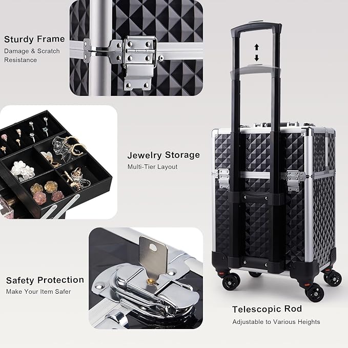 Stagiant Rolling Makeup Train Case Large Storage Cosmetic Trolley 4 Tray with Sliding Rail Removable Middle Layer with Key Swivel Wheels Salon Barber Case Traveling Cart Trunk
