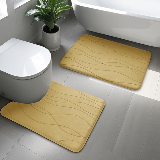 YIHOUSE Memory Foam Bathroom Rug Sets 2 Piece, Ultra Absorbent Bath Mat for Bathroom - Non-Slip Machine Washable & Dry Quickly, 2 Piece Bathroom Mat Set,Beige