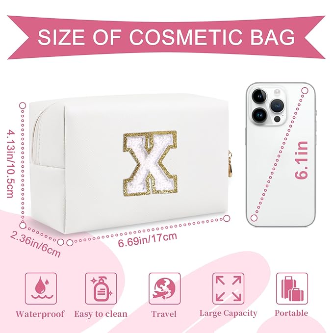 Small Personalized Initial A-Z Preppy Patch Makeup Bag,White PU Chenille Letter Travel Cosmetic Pouch with Zipper,Cute Toiletry Bag,Gift Ideal for Teen Girls Women Teacher Bridesmaid,Letter X