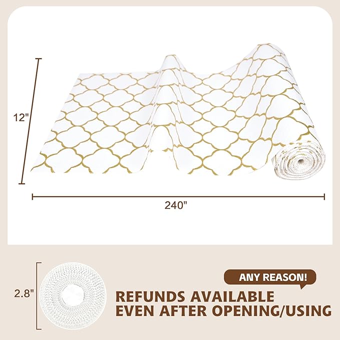 Shelf Liners for Kitchen Cabinets 23in x 30FT Non Adhesive Drawer Liner Gold Quatrefoil Thickened Shelf Liner Paper Strong Non-Slip Easy to Clean for Tool Box Refrigerator with Knife and Tape Measure