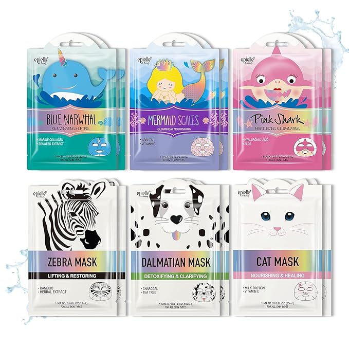 Epielle Character Face Mask Wave & Wild 12 Pack, Fun & Effective Korean Skin Care, Spa Party Favors, Easter Basket Stuffers, Birthday Gifts for Women, Self Care Gifts