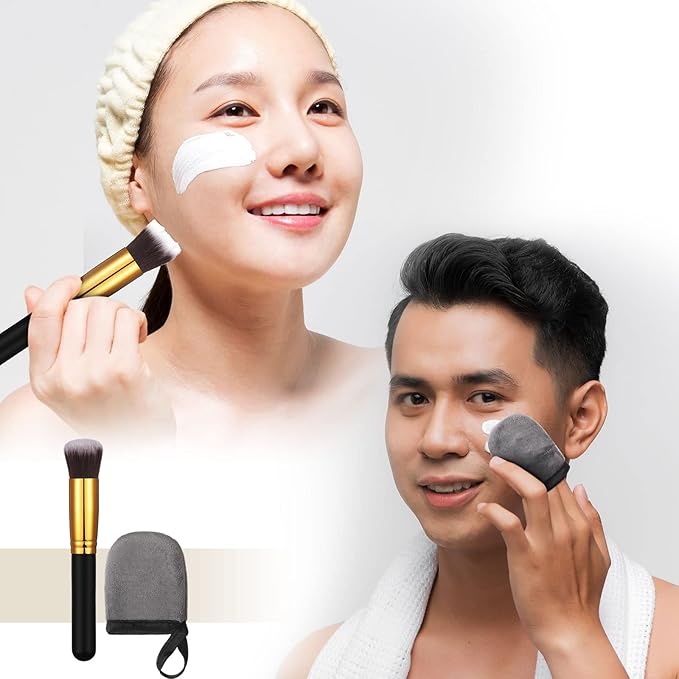 Boao 5 Pieces Self Tanning Mitt Applicator Kit, Includes Tanning Mitt, Exfoliating Glove, Mini Face Glove, Back Lotion Applicator, and Large Brush Makeup(Gray)