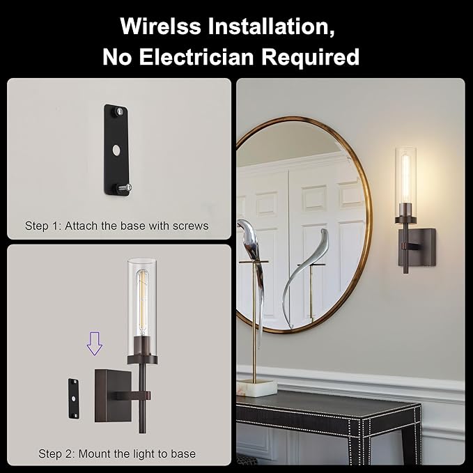 Oil Rubbed Bronze Battery Operated Wall Sconces with Remote Control, Wireless Wall Sconce Set of 2, Rechargeable Cordless Wall Lights for Living Room Bathroom Hallway Entryway Stairwell