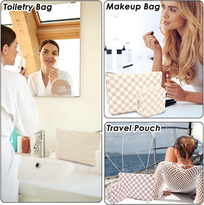 Checkered Makeup Bag, Travel Cosmetic Bag Organizer Toiletry Bag Make Up Bags with Zipper & Compartments for Women Girls, 2PCS