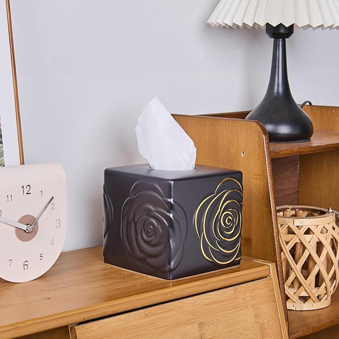 Black Ceramic Cube Tissue Box Cover with Gold Rose – Large Elegant Rose Floral Square Decorative Tissue Box Holder for Bathroom, Bedroom, Office Desk, Kitchen Counter – Perfect Housewarming Gift