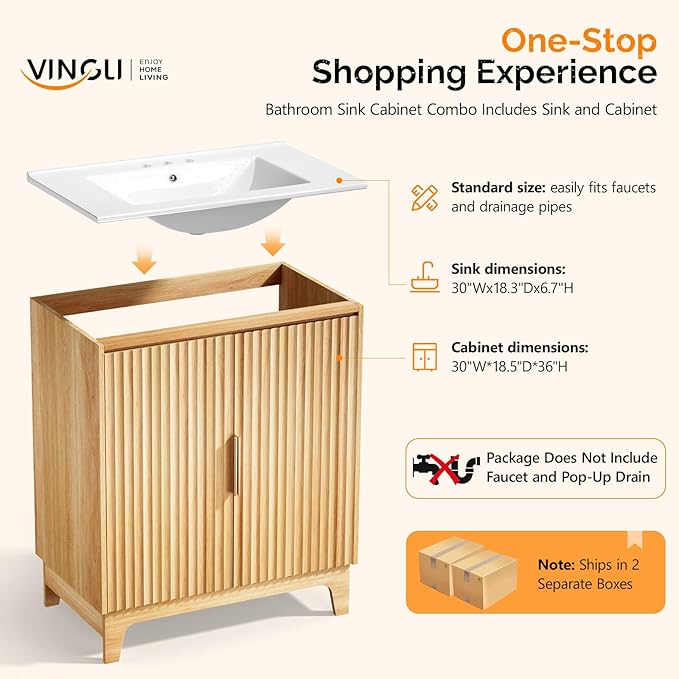 VINGLI 30 Inch Bathroom Vanity with Sink, Mid Century Modern Freestanding Cabinet with Ceramic Top, Fluted Soft-Close Doors & U-Shape Storage for Small Bathroom, Natural Oak