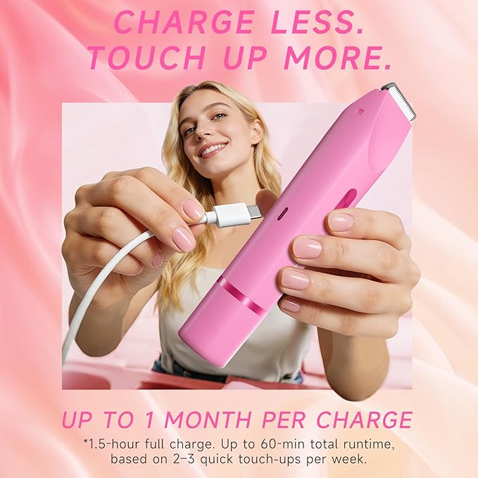 Bikini Trimmer for Women, Dual-Ended Electric Razor Personal Shaver for Bikini Line & Pubic Hair, Waterproof USB-C Rechargeable Body & Face Trimmer for Underarms & Legs (Hot Pink)
