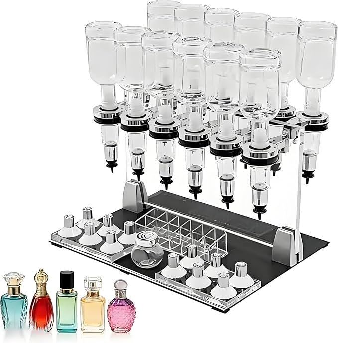 Manual Liquid Filling Machine Transfer Tools Kit 12 Bottles, Adjustable Perfume Dispenser Kit, with 12 Pump Heads & 12 Testing Cups, for Perfume Store Studio Salon Bar