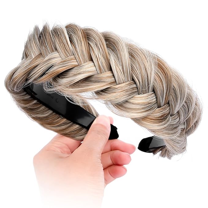 DIGUAN Wide Messy Braided Headband With Teeth Synthetic Hair Plaited Headband High Elasticity Braids Chunky Fishtail Braided Hair Band Hairpiece for Girls Women Beauty Accessory (White Gray Brown)