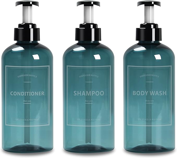 Shampoo Bottles with Pump, YACEYACE 3Pcs 16.9oz Blue Clear Empty Shampoo and Conditioner Dispenser, Refillable Shampoo and Conditioner Bottles with Labels, Body Wash Dispenser for Shower