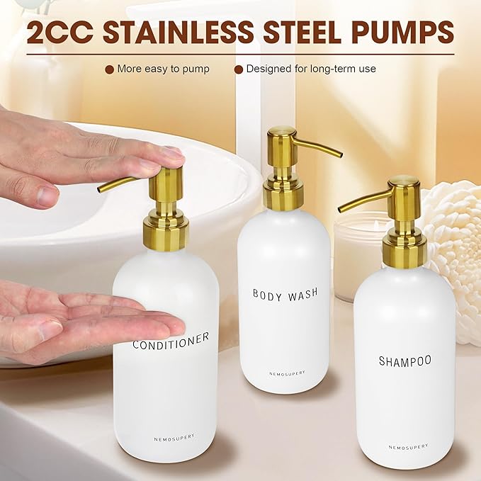 Glass Shampoo and Conditioner Dispenser-Shower Soap Dispenser for Bathroom -16.9 fl oz Set of 3 Refillable Glass Bottles with Pump and Labels-Shampoo Dispenser for Shower(White)