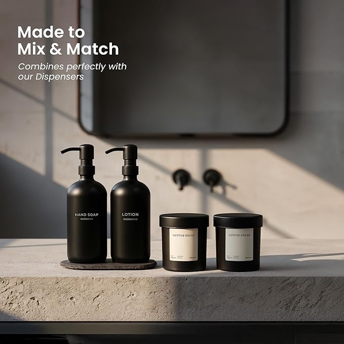 MaisoNovo Qtip Holder Bathroom Set – Airtight Glass Qtip Holder with Lid to Store Q Tips, Cotton Rounds, Cotton Balls, Floss Picks, Hair Ties with free labels pack - 2 Black Jars with Glass Lids