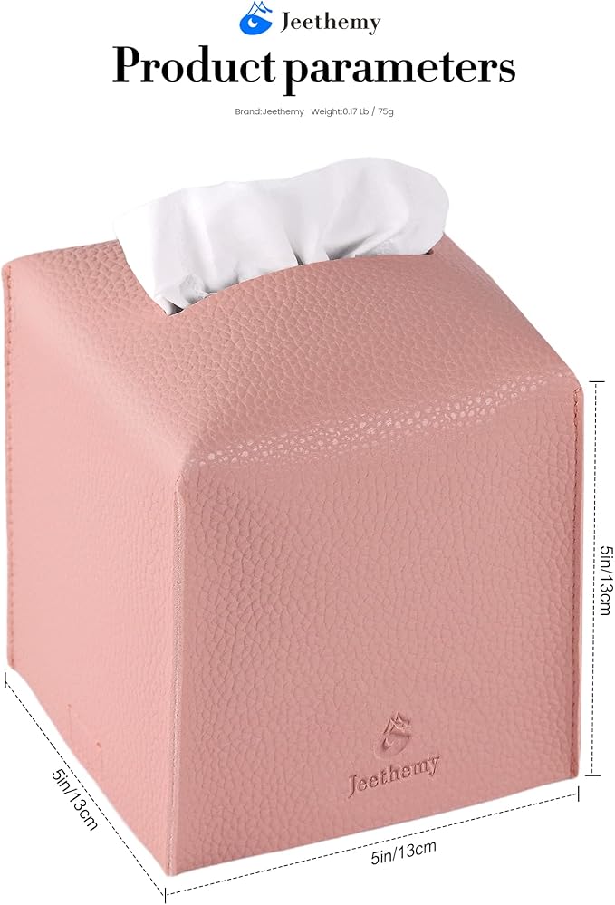 Tissue Box Cover, Jeethemy Square PU Leather Tissue Box Holder, Modern Tissue Case Facial Paper Organizer Dispenser，5X5X5'',Double Pink