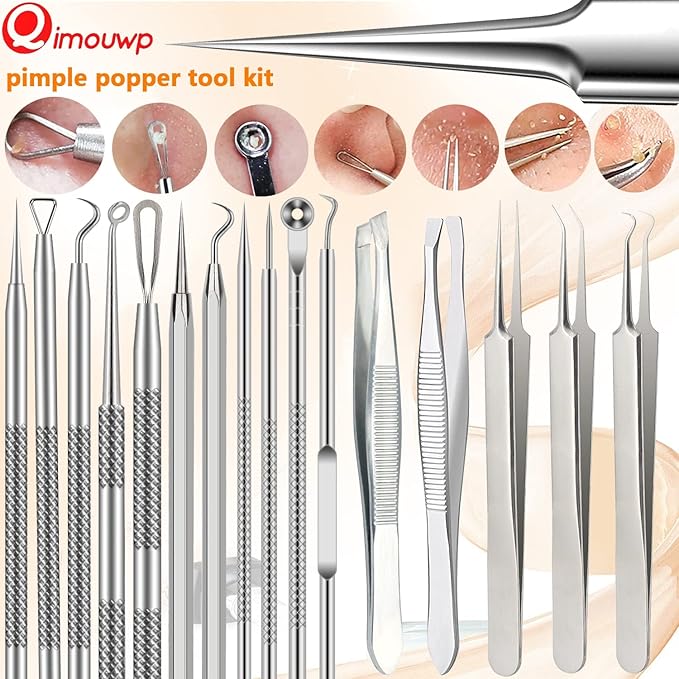 16 Pcs Pimple Popper Tool Kit, Blackhead Remover Tools, Comedone Extractor Whitehead Zit and Cyst Acne Removal Kit, Professional Stainless Steel Tweezers for Eyebrows, Beauty Tools for Face Nose
