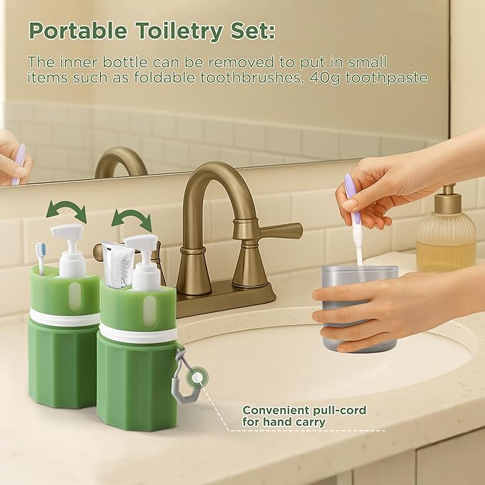 4-in-1 Travel Bottles for Toiletries, TSA Approved Travel Size Toiletries, Leak Proof Refillable Travel Size Shampoo and Conditioner Sets with Wall-Mountable Suction Cup, Green