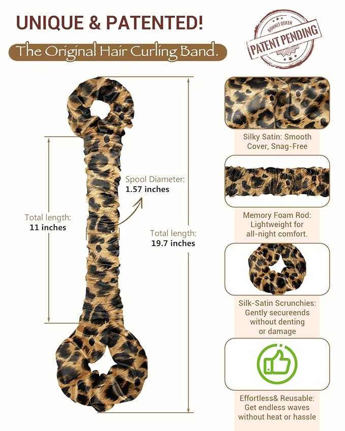 BONNET QUEEN Satin Heatless Hair Curler, Overnight Curls for Long Hair, ultra soft Heatless Curling Rod & 2 Scrunchies,Damage-Free Styling, Soft Hair Curlers for Overnight Use(Leopard)