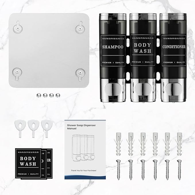 Shampoo and Conditioner Dispenser,Shower Dispenser 3 Chamber No Drill Wall-Mounted Shampoo Dispenser for Shower Wall Mounted Shower Soap Dispenser for Bathroom Hotel Large Capacity,Chrome1