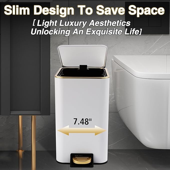 White Bathroom Accessories Set 8 Piece White and Gold Bathroom Set, Bathroom Sets with Stainless Steel Trash Can,Toilet Brush,Toothbrush Set,Soap Dispenser