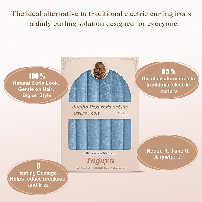 Heatless Curls Overnight Set - 6PCS Jumbo Velvet Hair Rollers to Sleep In, No-Damage Flexi Rods for Beautiful, Effortless Curls and Waves for Women