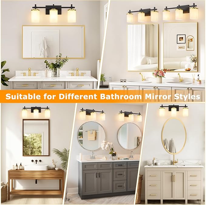 3-Lights Black and Gold Bathroom Lighting Fixtures Over Mirror, Anti-Rust Vanity Wall Lights for Bathroom with Milky White Frosted Glass Shades, Modern Bath Wall Lamp for Living Room Bedroom