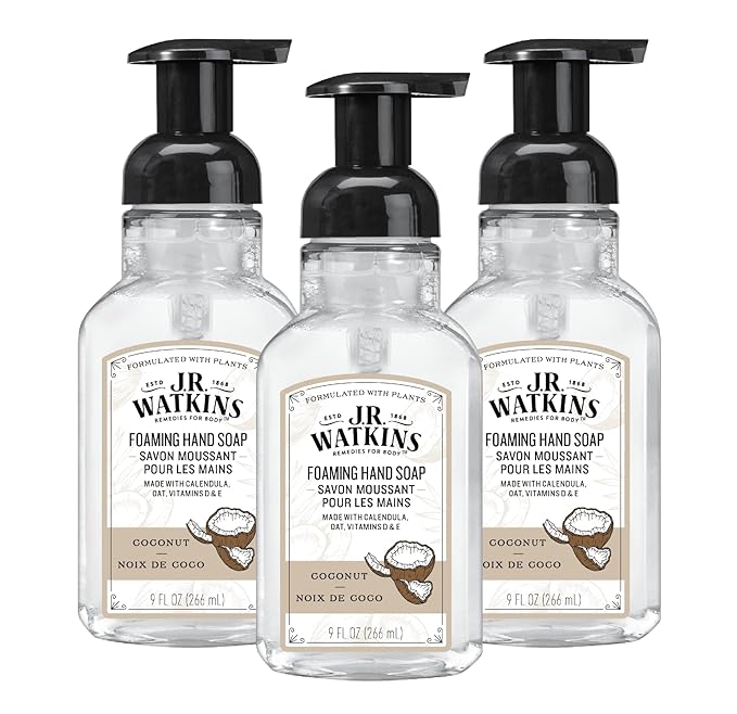 J.R. Watkins Foaming Hand Soap Pump with Dispenser, Moisturizing Hand Soap Foam, Alcohol-Free and Cruelty-Free, Use for Kitchen or Bathroom, Noix De Coco/Coconut, 9 fl oz, 3 Pack