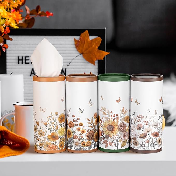 12 Pack Spring Floral Tissue Boxes for Car Cylinder Bulk Wildflower Round Cylinder Holder with 3 Ply Facial Tissues for Spring Travel Bathroom Office Decoration Supplies