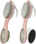 Foot File Callus Remover 5-in-1, 2 Pcs Feet Scraper Pedicure Tools with Pumice Stone, Scrubber Brush, Stainless Steel Foot Rasp and Sand Paper Debris Catcher, Multi Purpose, Pink