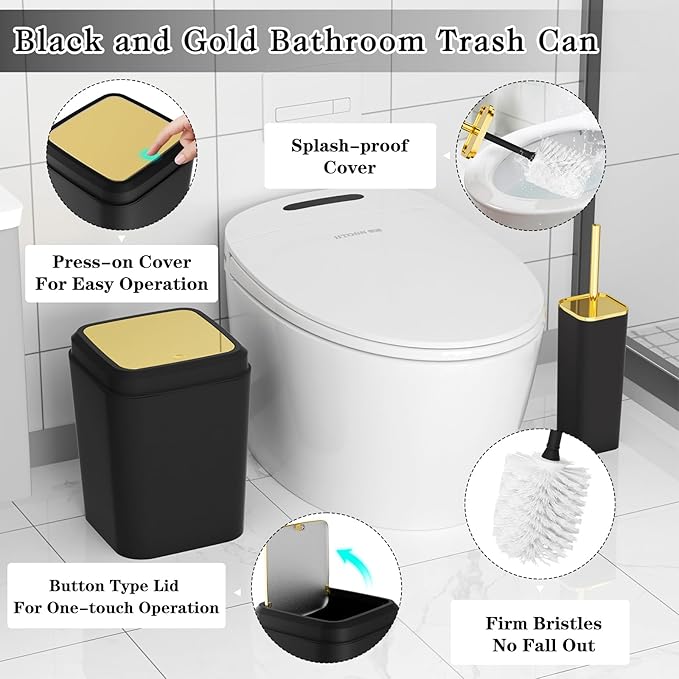 Bathroom Accessories Set - Luxury Black Bathroom Set, 9 Pieces Bathroom Accessory Set, Black Bathroom Accessories with Trash Can, Toilet Brush & Soap Dispenser