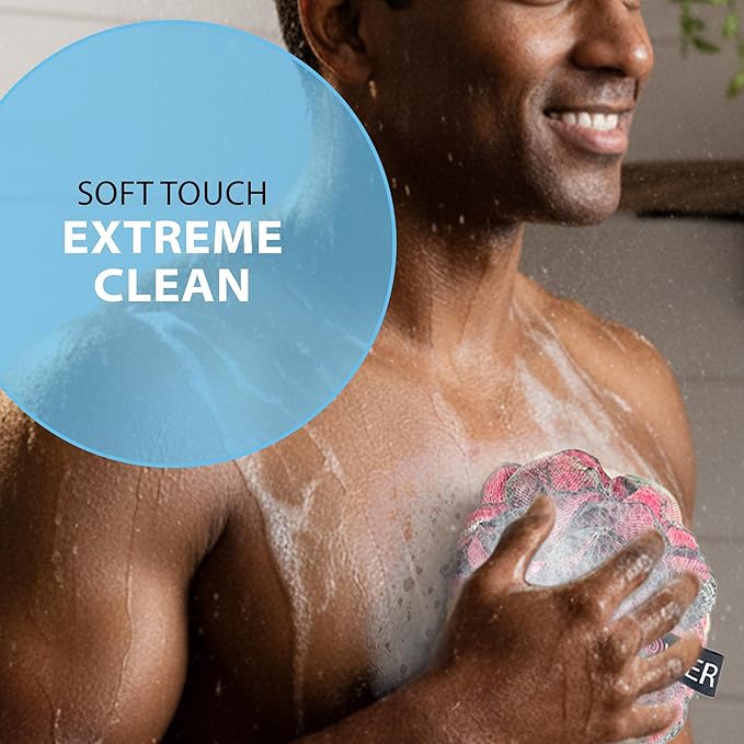 SHOWER BOUQUET Loofah-Charcoal Bath-Sponge XL-Color-4-Pack // Extra Large 75g Soft Mesh Black Luffa Loofa Loufa Puff Set/Exfoliating Body Scrubber for Women and Men - Exfoliate & Soothe Face & Body