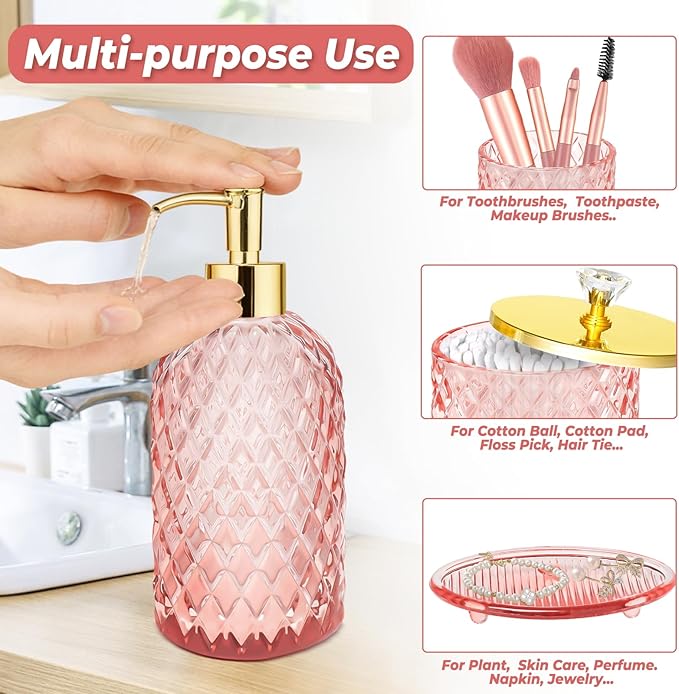 Jenseits Diamond Glass Bathroom Accessories Set 4 Pcs - Pink & Gold Bathroom Decor Set with Soap Dispenser, Toothbrush Holder, Qtip Jar, Vanity Tray - Luxury Gift for Women, Home Apartment Essentials