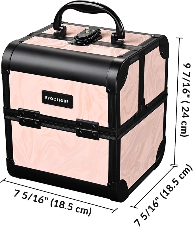 BYOOTIQUE Rolling Makeup Trollleyon Wheels 3-Piece Kit Lockable Cosmetology Organizer Cart Cosmetic Train Case Hairdressing Brush Bags for Nail Tech Beauty Salon Barbershop,CTB Pink